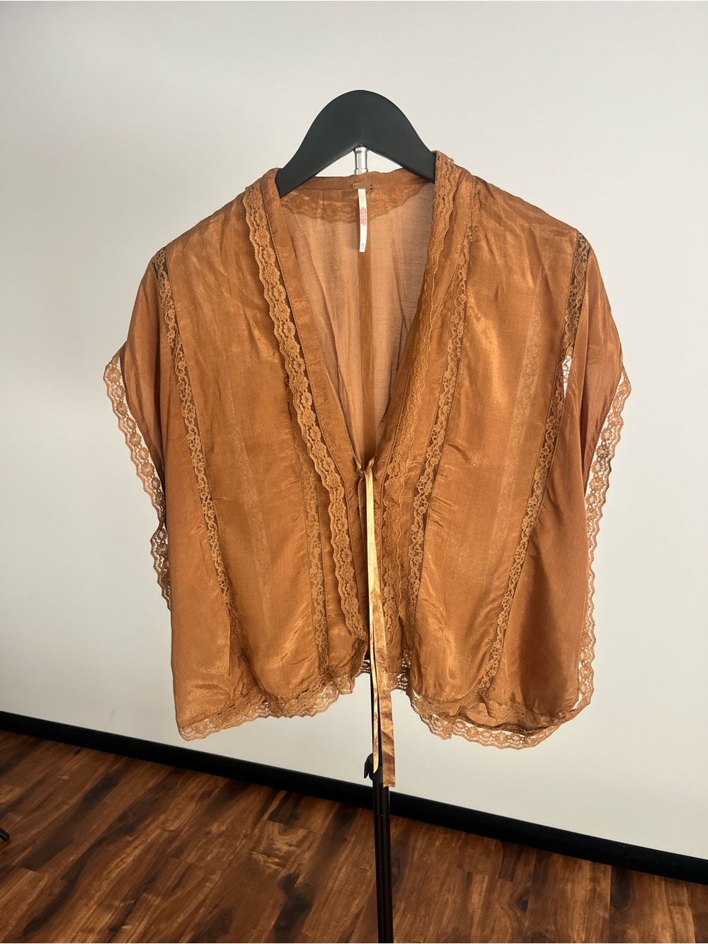 Free People Sheer Lace-Trim Open-Front Tunic in Copper